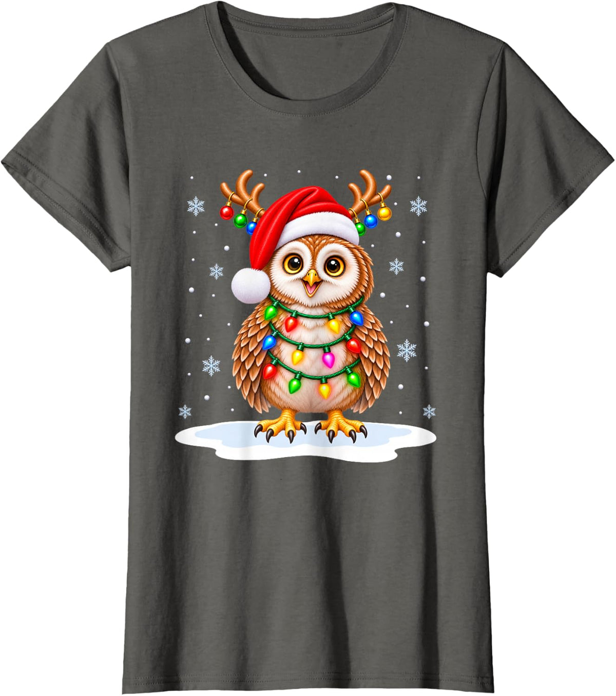 Owl Christmas Tree Lights Xmas Bird Lover T-Shirt - Asphalt Grey