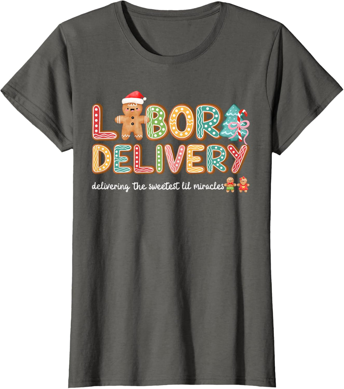 Groovy Labor and Delivery Christmas L&D Nurse Gingerbread T-Shirt - Asphalt Grey