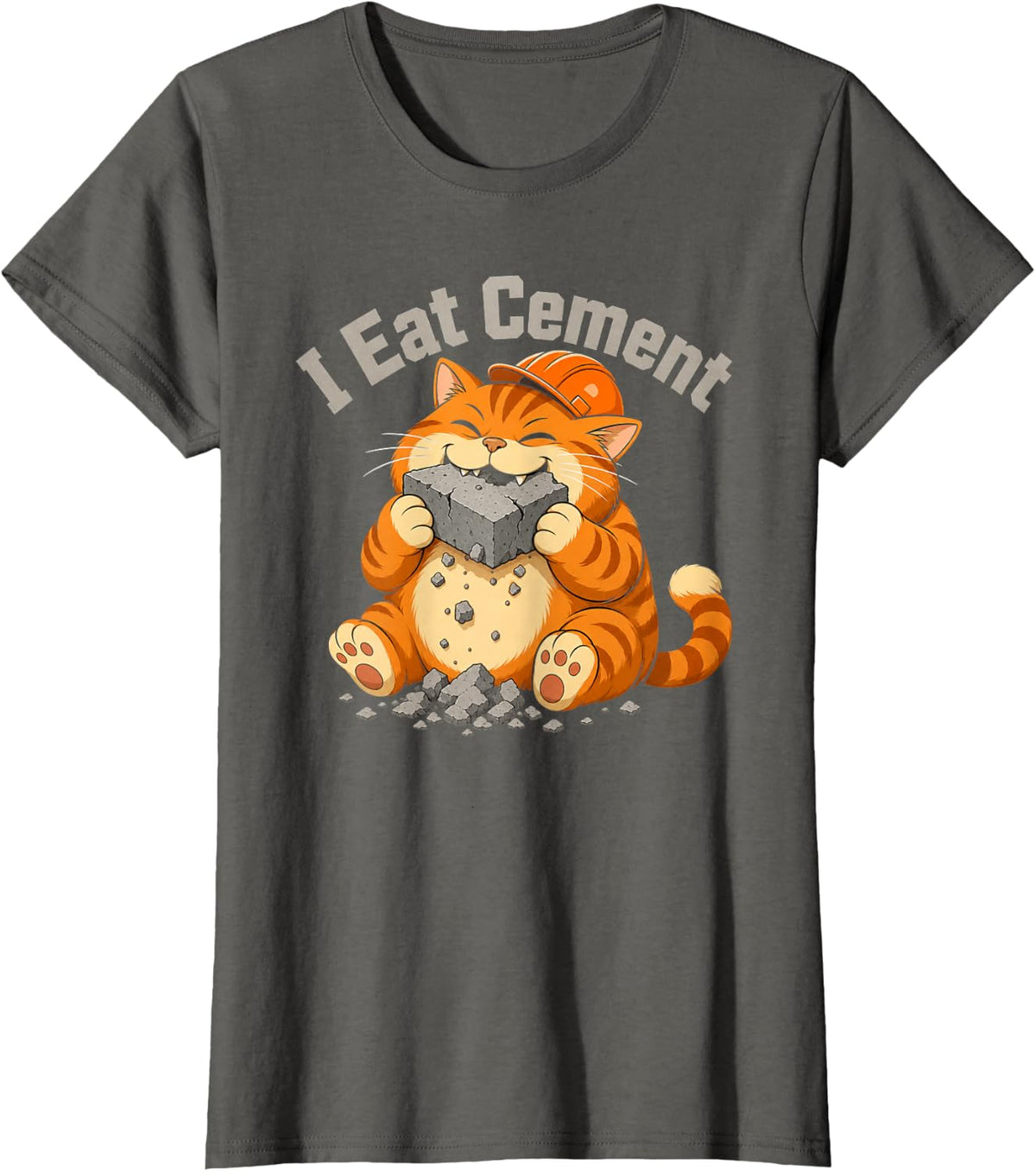 I Eat Cement Orange Tabby Cat Hard Hat Construction T-Shirt - Asphalt Grey