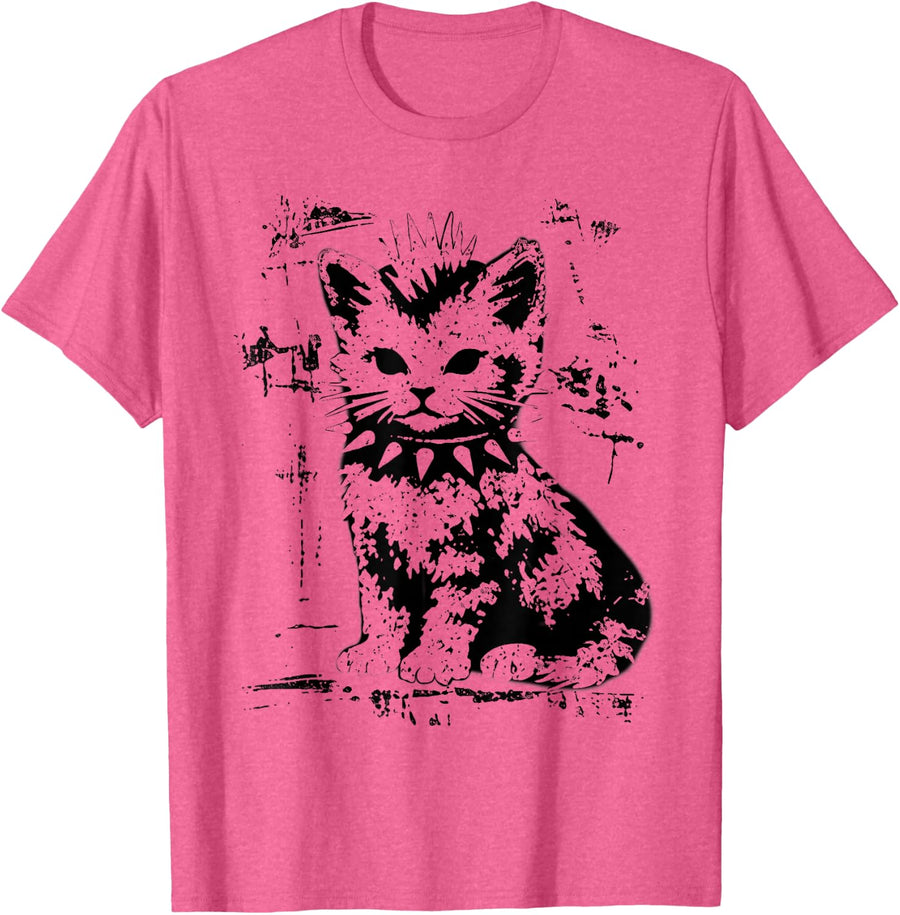 Punk Rock Kitten Mohawk Spiked Collar Distressed Cat T-Shirt - Pink Heather