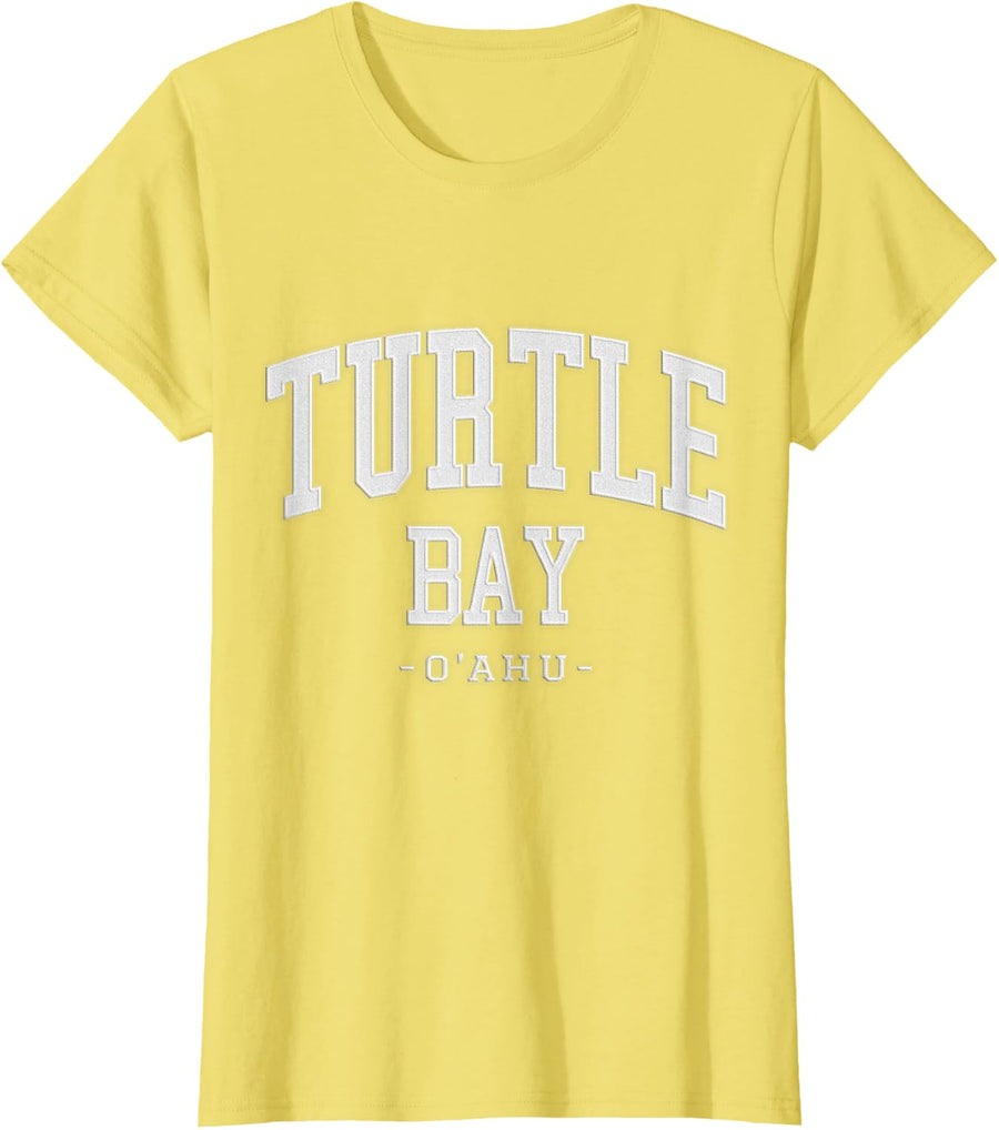 Stitched Letters Varsity Font Turtle Bay Oahu Hawaii T-Shirt - Lemon Yellow