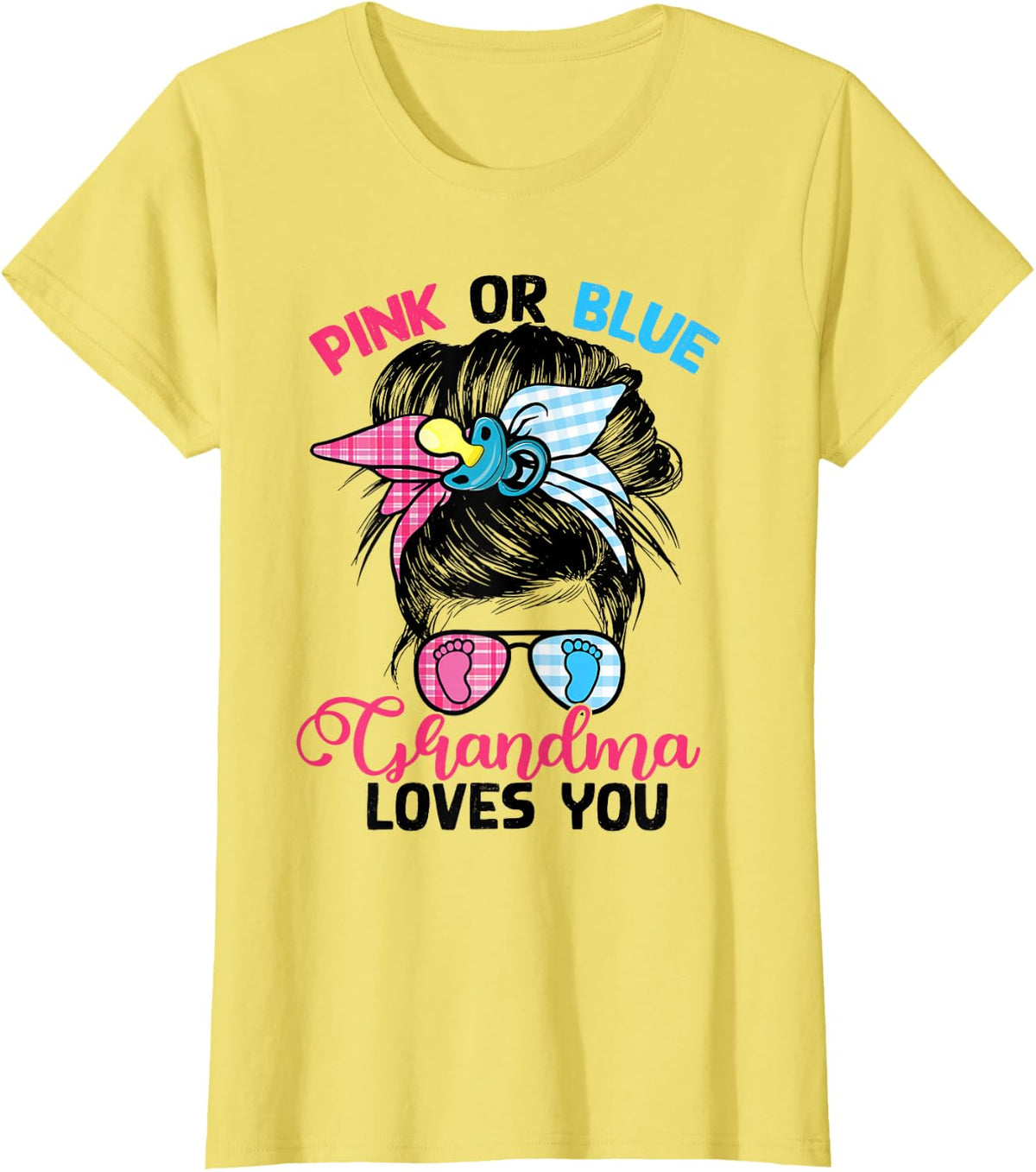 Pink or Blue Grandma Loves You Messy Bun Gender Reveal T-Shirt - Lemon Yellow