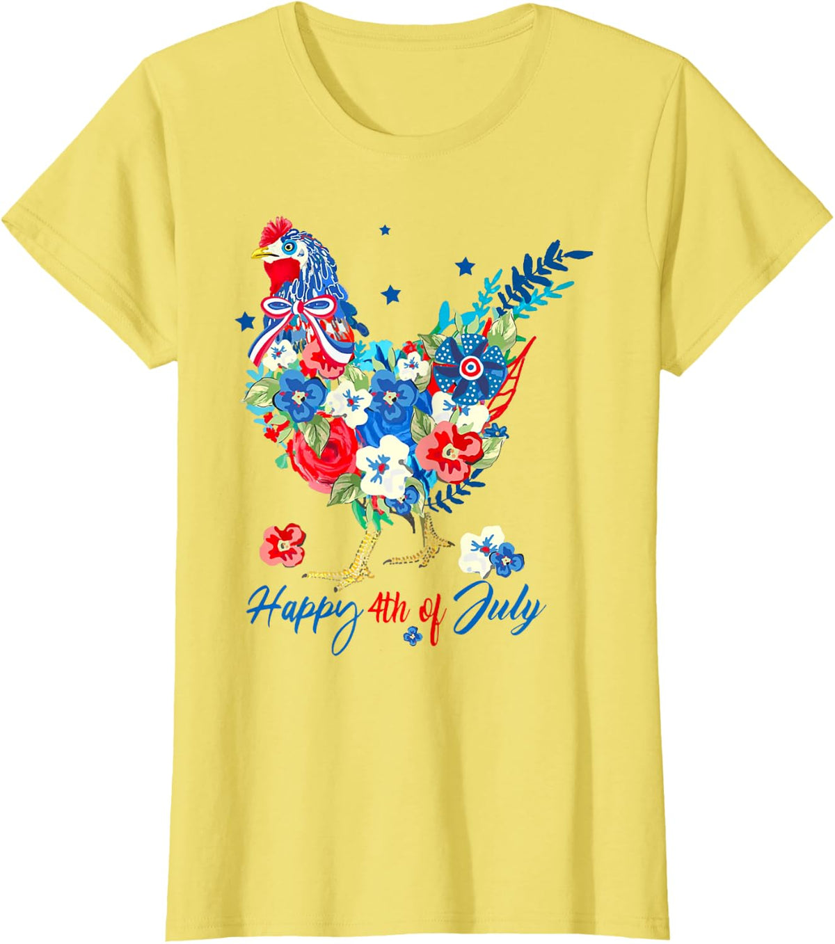 Floral Happy 4th of July Chicken Pioneer Woman Patriotic T-Shirt - Lemon Yellow