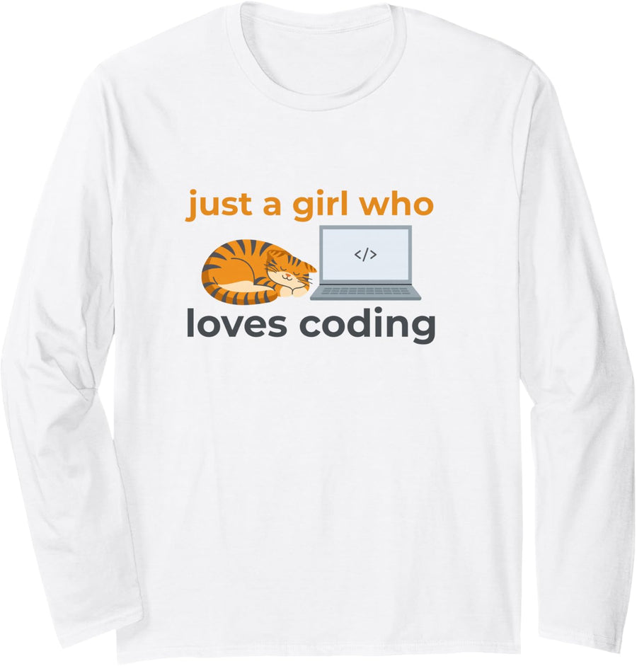 Just a Girl Who Loves Coding Cute Cat Long Sleeve T-Shirt - Adult Unisex White