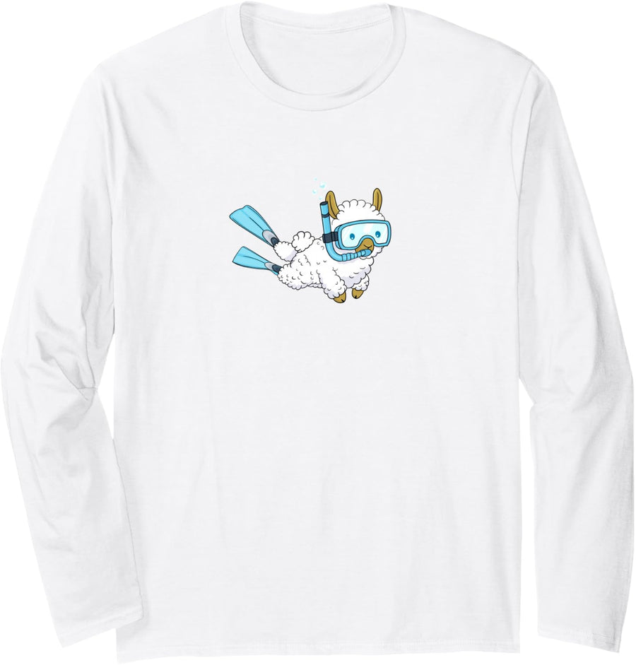 Funny Scuba Diving Llama Snorkeling Diver Long Sleeve T-Shirt - Adult Unisex White