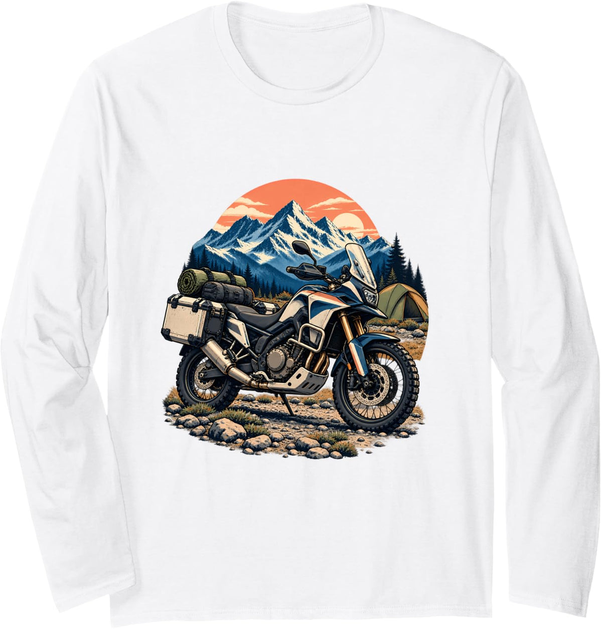 Adventure Motorcycle Camping Snowy Mountains Sunset Long Sleeve T-Shirt - Adult Unisex White