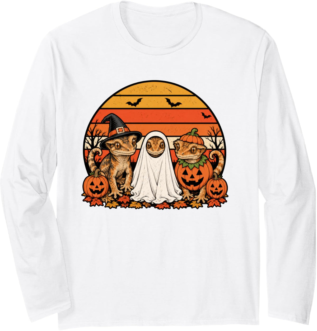 Spooky Crested Gecko Pumpkin Ghost Halloween Crestie Long Sleeve T-Shirt - Adult Unisex White