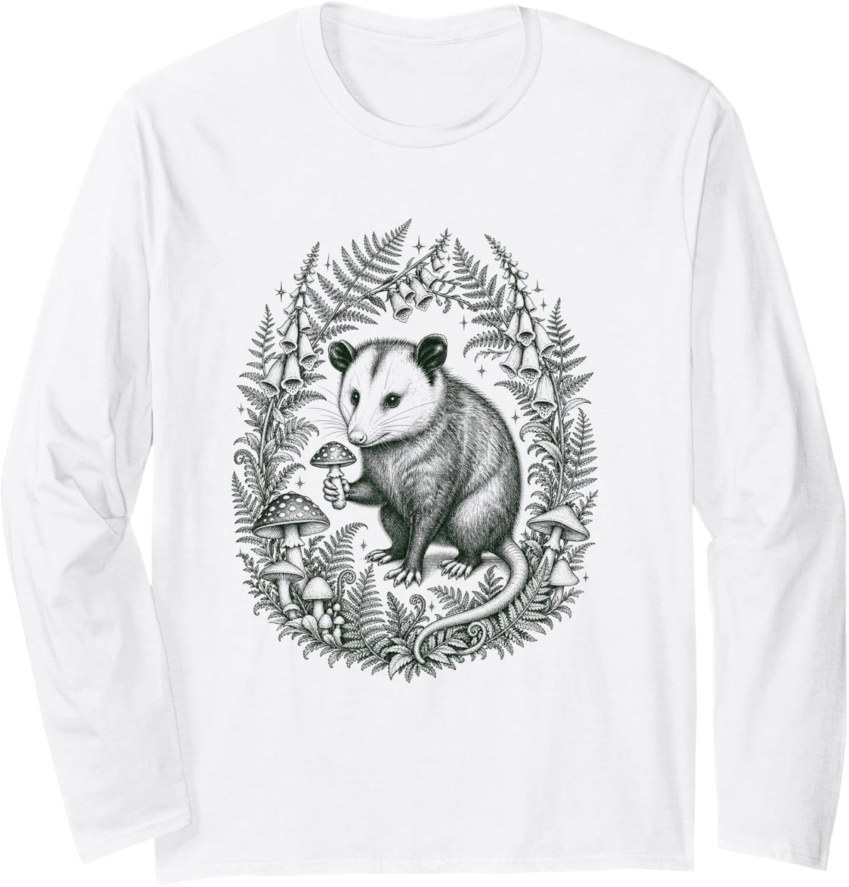 Opossum Mushroom Fern Forest Vintage Possum Lover Long Sleeve T-Shirt - Adult Unisex White