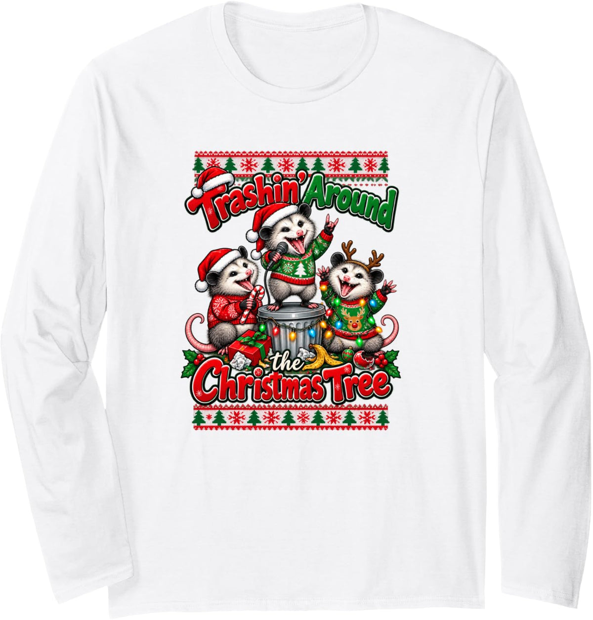 Trashin Around the Christmas Tree Opossum Funny Possum Joke Long Sleeve T-Shirt - Adult Unisex White
