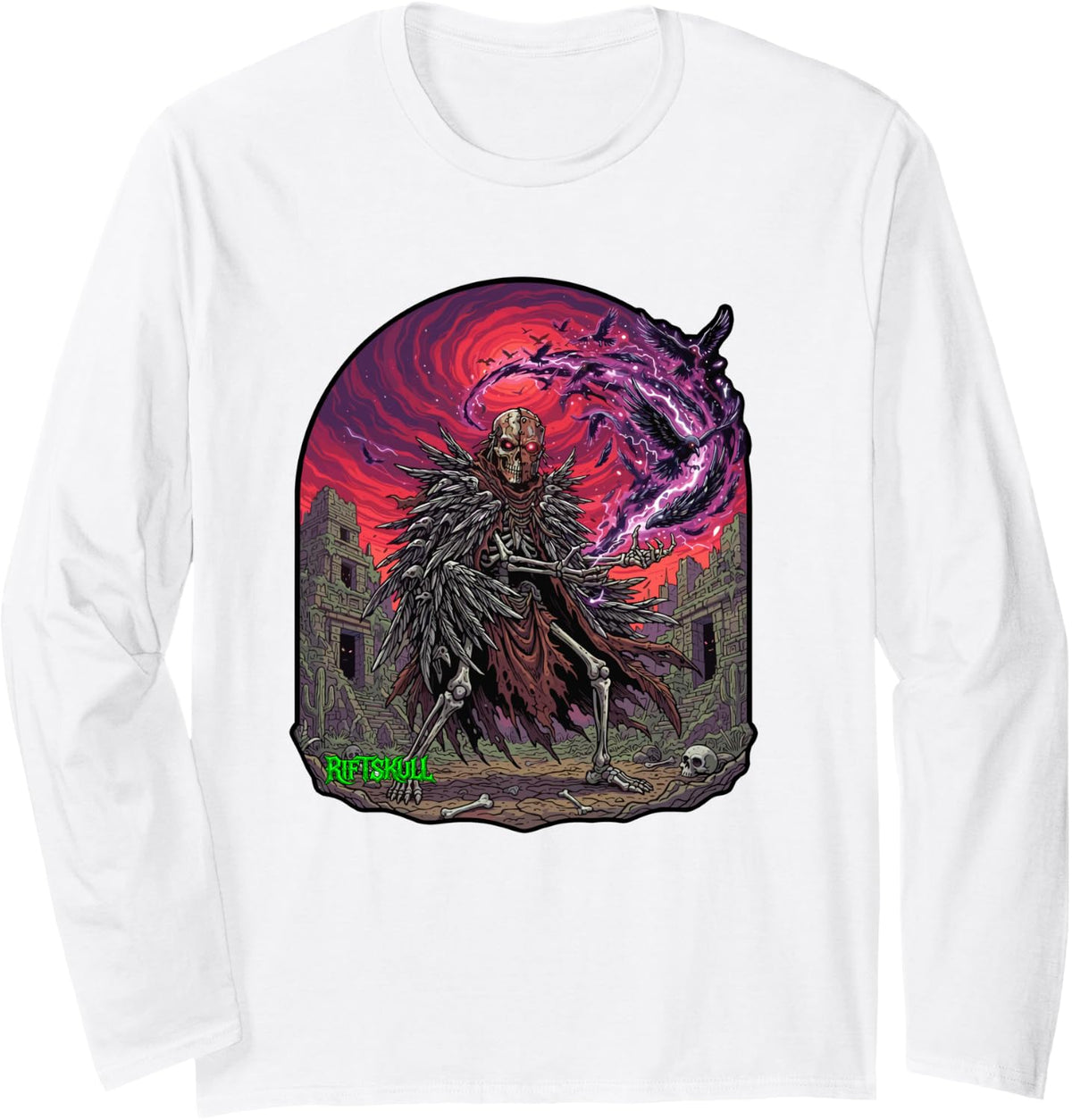Native American Crow Shaman Skeleton Heavy Metal Rock Gothic Long Sleeve T-Shirt - Adult Unisex White