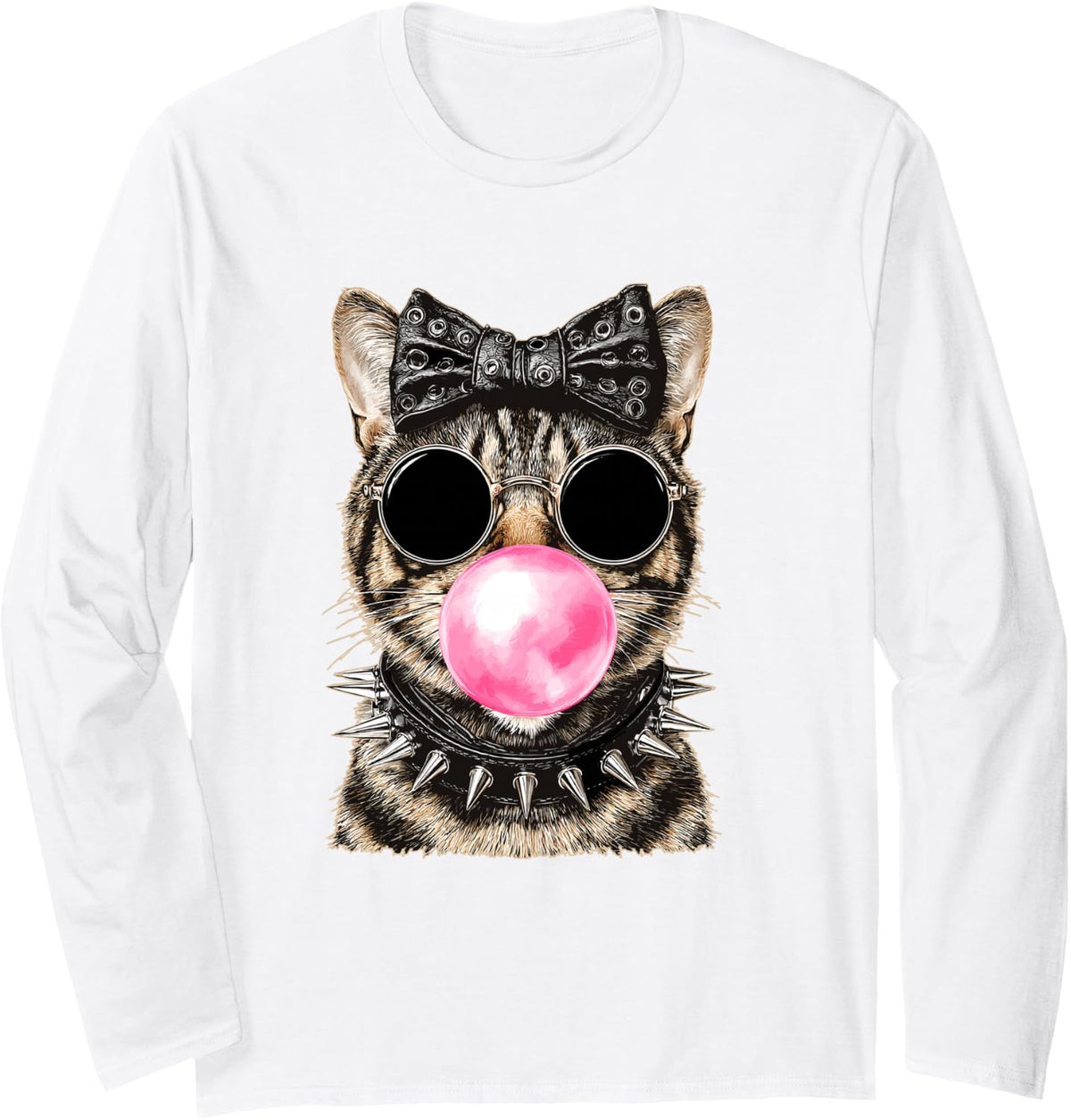 Punk Tabby Cat with Sunglasses Gothic Animal Bubblegum Goth Long Sleeve T-Shirt - Adult Unisex White