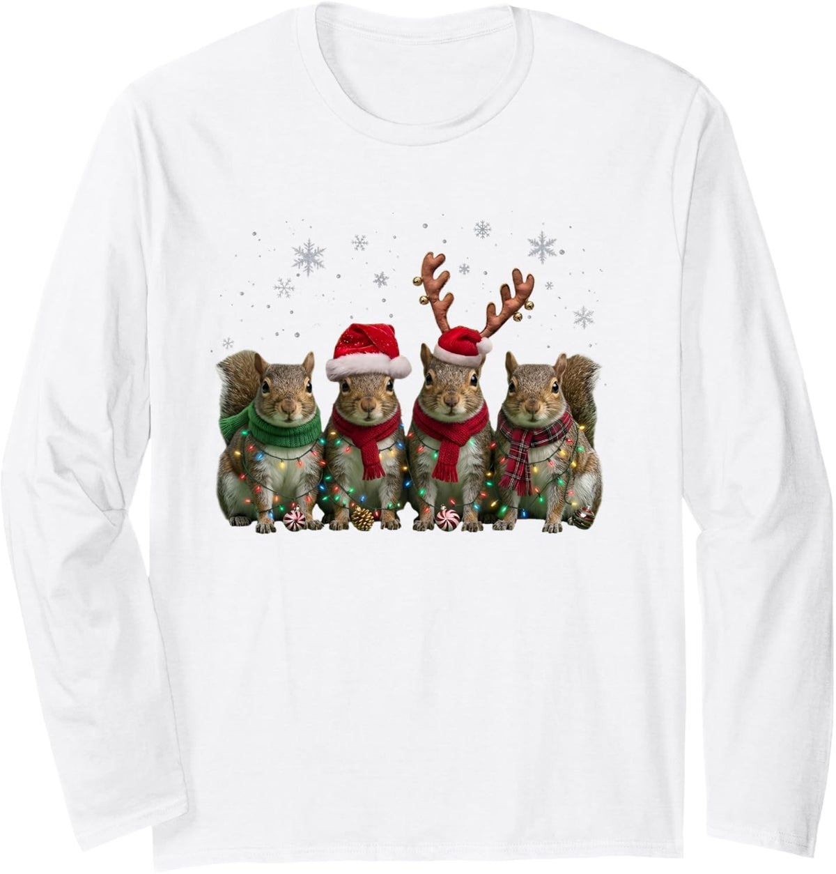 Christmas Lights Squirrel Xmas Funny Squirrel Santa Reindeer Long Sleeve T-Shirt - Adult Unisex White