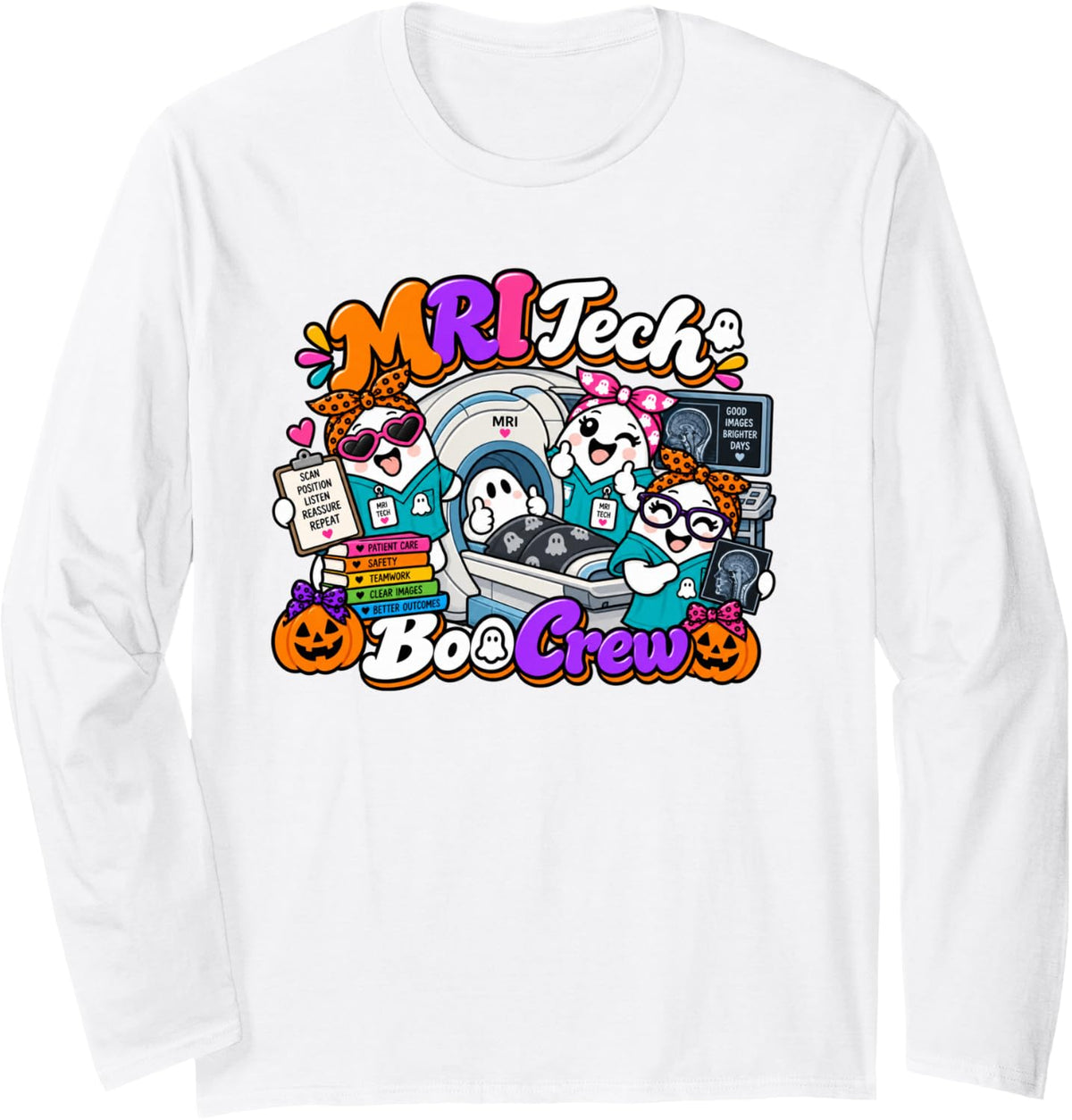 MRI Tech Boo Crew Matching Halloween Long Sleeve T-Shirt - Adult Unisex White