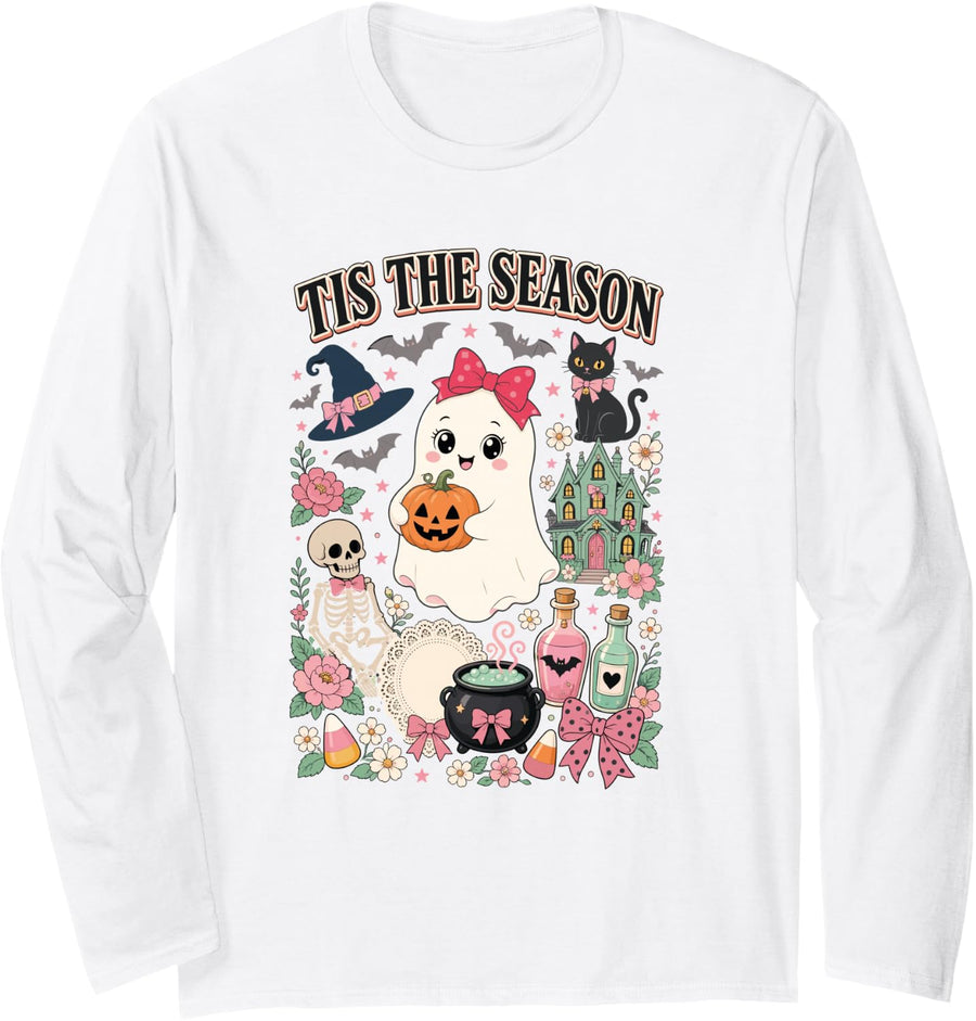 Tis The Season Spooky Halloween Retro Vintage Cottagecore Long Sleeve T-Shirt - Adult Unisex White
