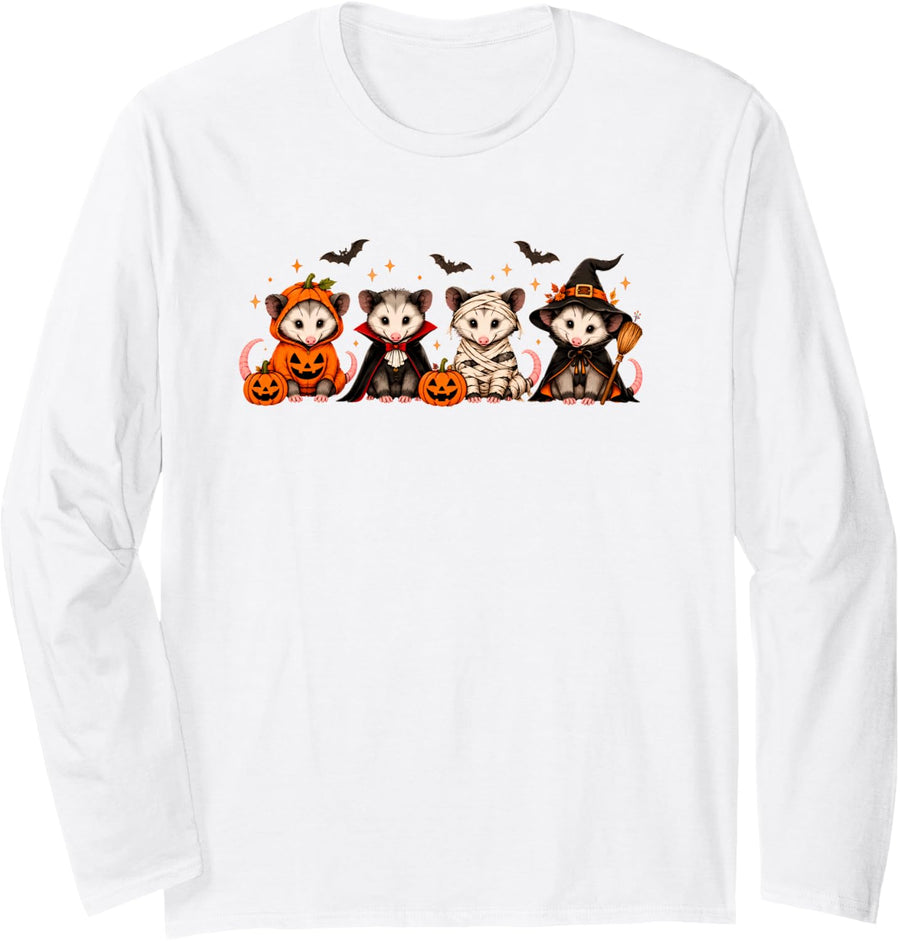 Opossum Possum Ghost Pumpkin Witch Mummy Halloween Costume Long Sleeve T-Shirt - Adult Unisex White