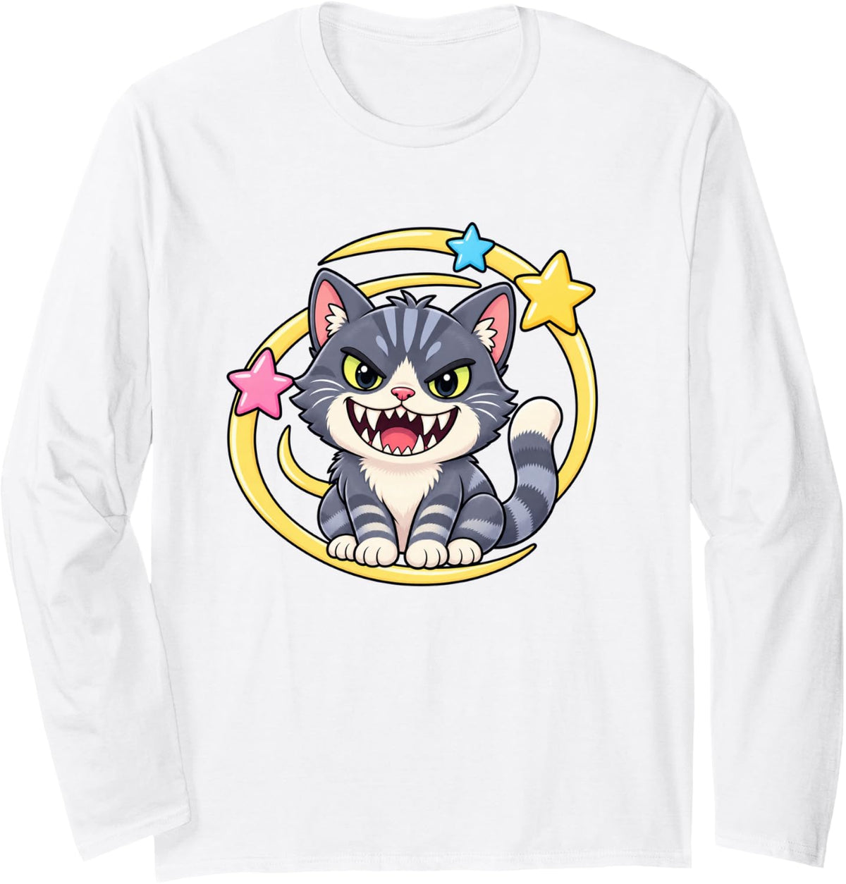 Cute Scary Gray Tabby Cat Stars Funny Kitty with Fangs Long Sleeve T-Shirt - Adult Unisex White