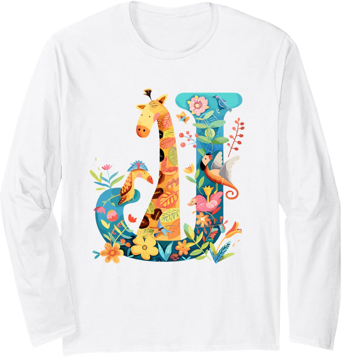 Jungle Letter J Giraffe Bird Floral Initial Art Long Sleeve T-Shirt - Adult Unisex White