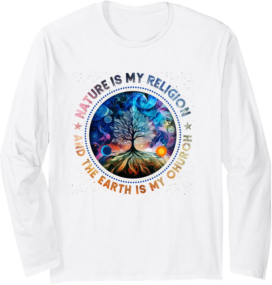 Nature Is My Religion The Earth Is My Church Mandala Tree Long Sleeve T-Shirt - Adult Unisex White