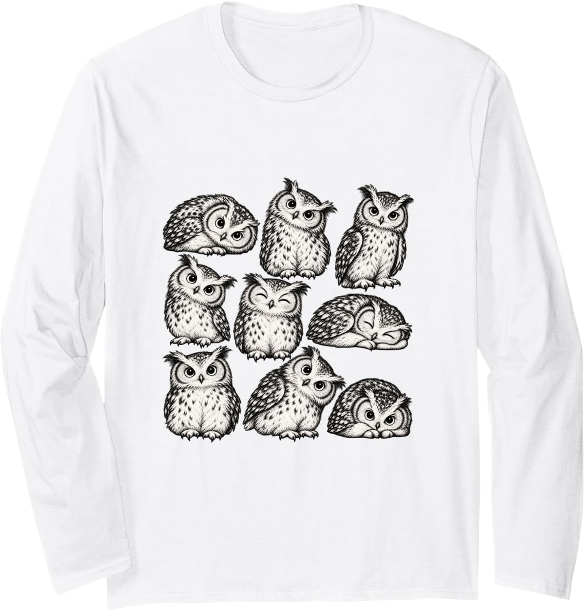 Vintage 90s Tattoo Owls Vintage Sketch Art Animal Owl Lover Long Sleeve T-Shirt - Adult Unisex White