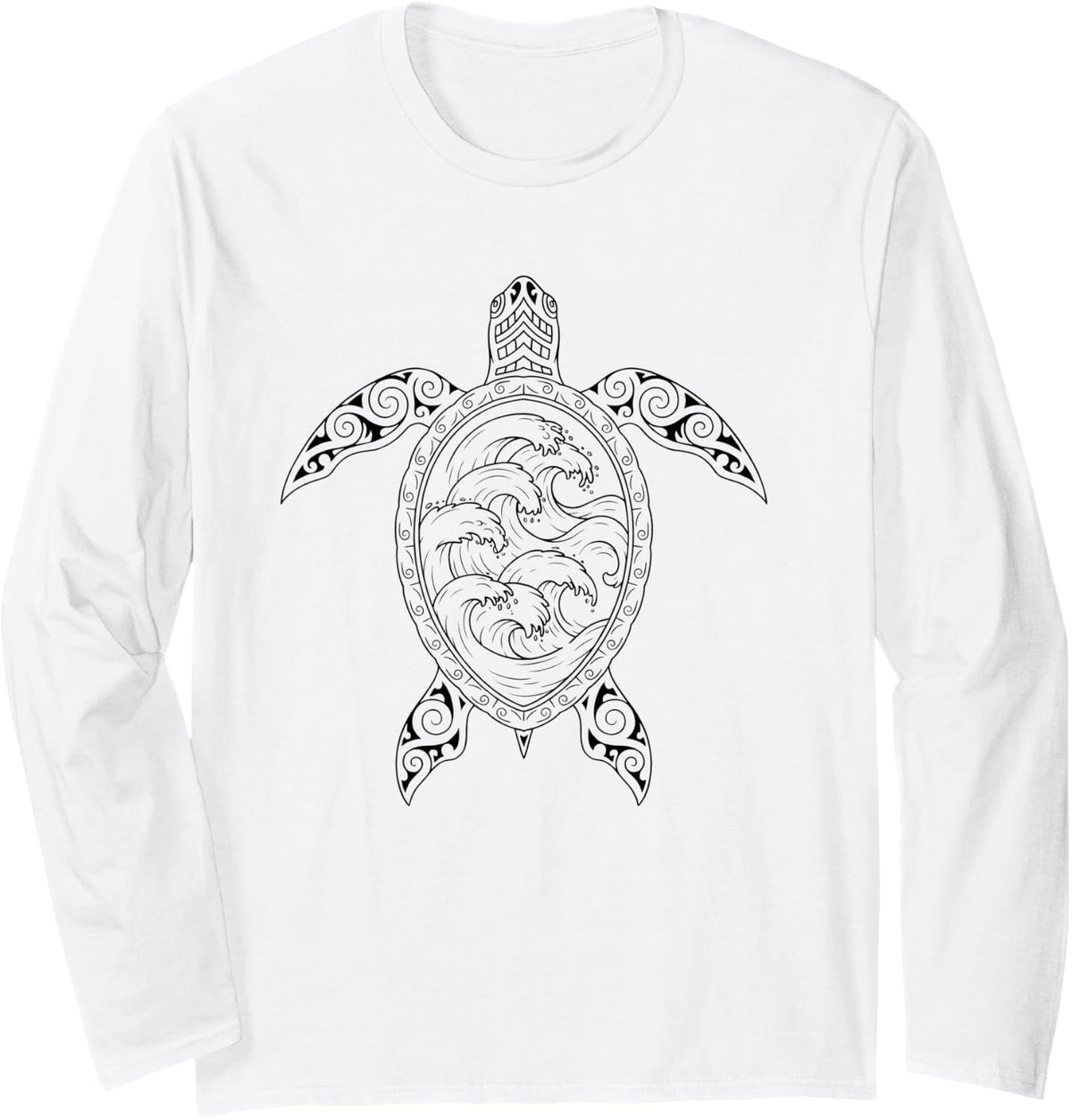 Sea Turtle Tribal Ocean Waves Hawaiian Long Sleeve T-Shirt - Adult Unisex White