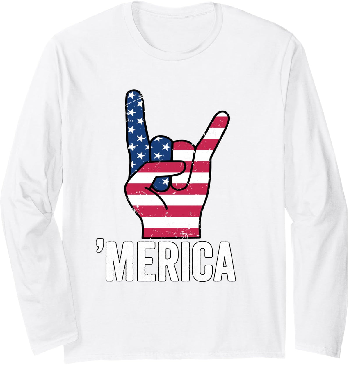 Merica Rock Hand Vintage USA Flag Patriotic Long Sleeve T-Shirt - Adult Unisex White