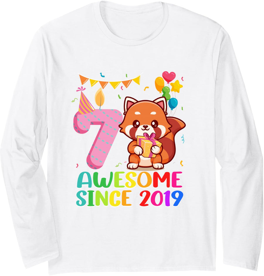 7th Birthday Red Panda Awesome Since 2019 7 Year Old Long Sleeve T-Shirt - Adult Unisex White