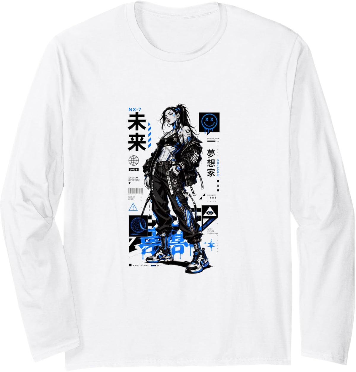 Cyberpunk Anime Girl Kanji Sci Fi Long Sleeve T-Shirt - Adult Unisex White