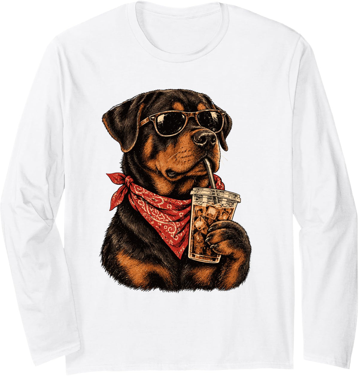 Rottweiler Dog Hipster Iced Coffee Funny Rottweiler Long Sleeve T-Shirt - Adult Unisex White