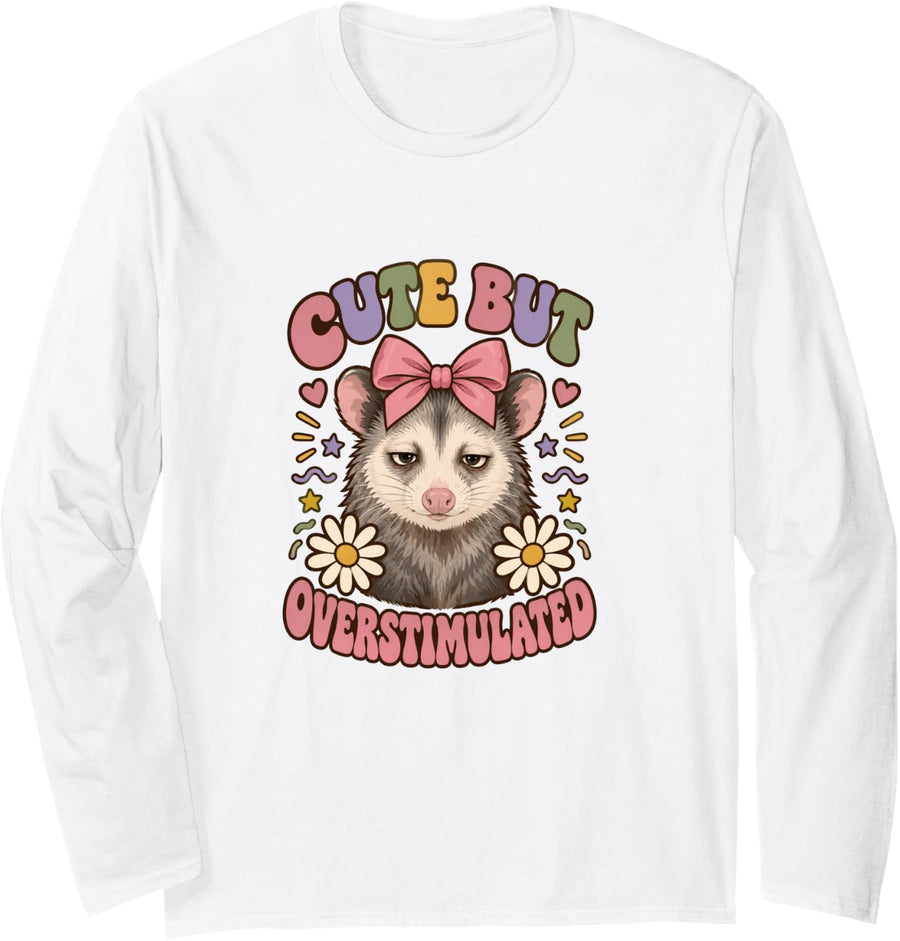 Opossum Overstimulated Retro Animal Lover Long Sleeve T-Shirt - Adult Unisex White