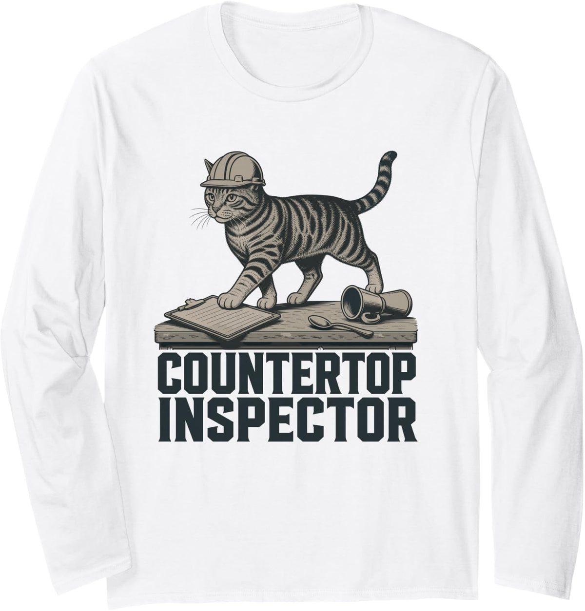 Countertop Inspector Cat Kitchen Funny Tabby Long Sleeve T-Shirt - Adult Unisex White