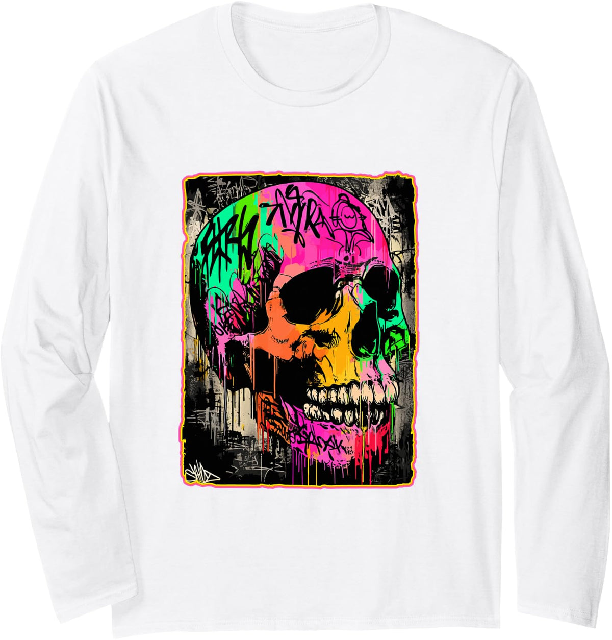 Punk Rock Skull Graffiti Grunge Skeleton Art Street Style Long Sleeve T-Shirt - Adult Unisex White