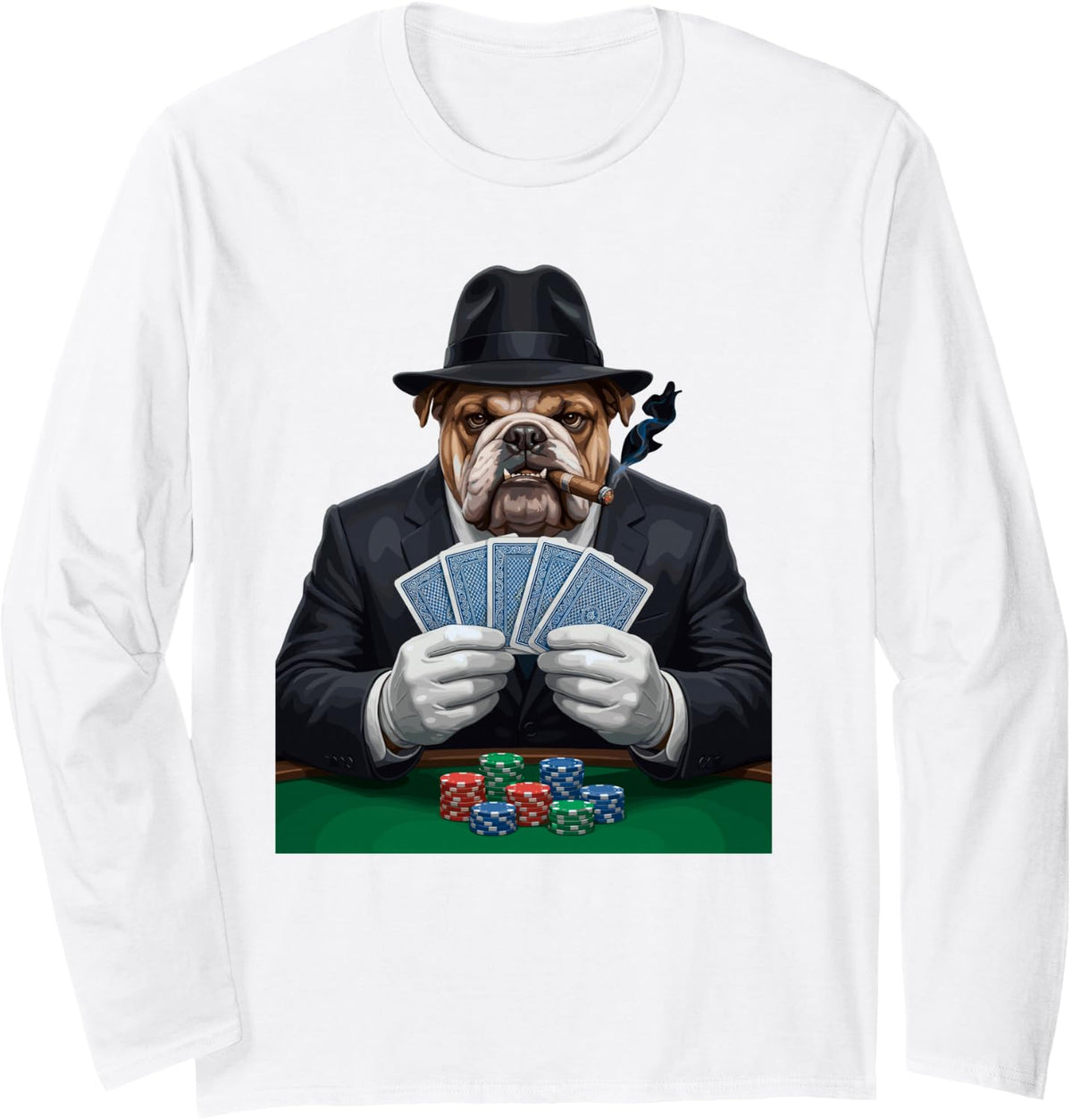 Bulldog Gangster Poker Player Poker Chips Playing Cards Tee Long Sleeve T-Shirt - Adult Unisex White