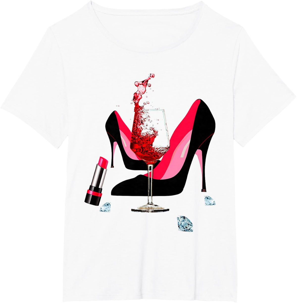 High Heel Shoes, red Lipstick, red Wine Glass and Diamonds T-Shirt - White