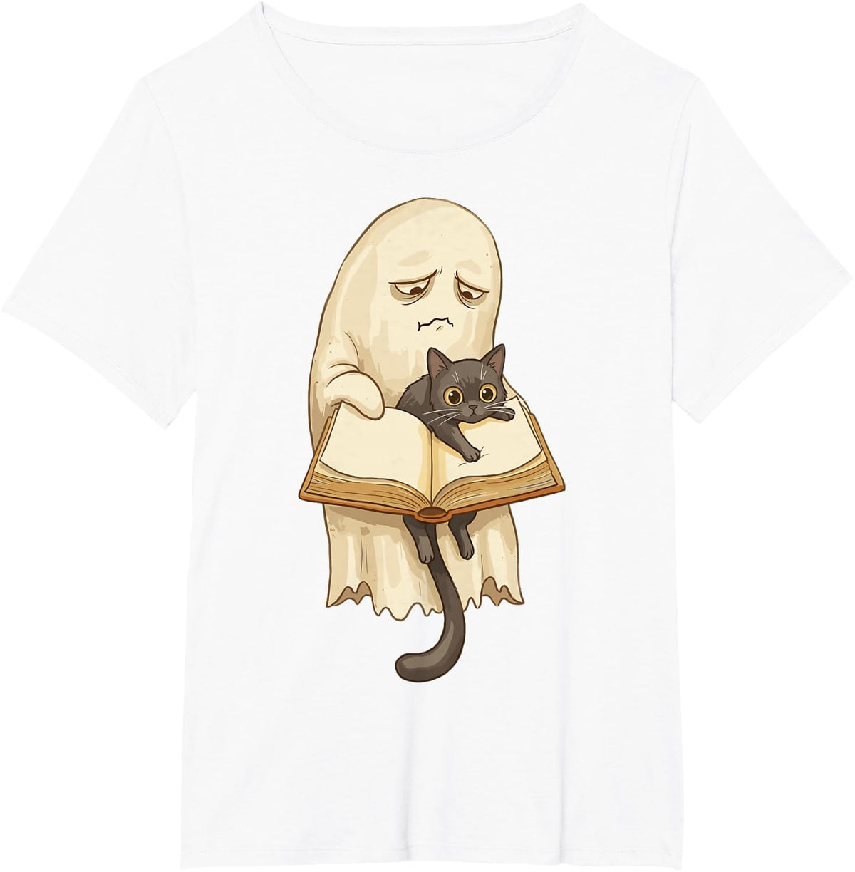 Ghost Funny Reading Cat Spooky Book Lover Humor Haunted T-Shirt - White