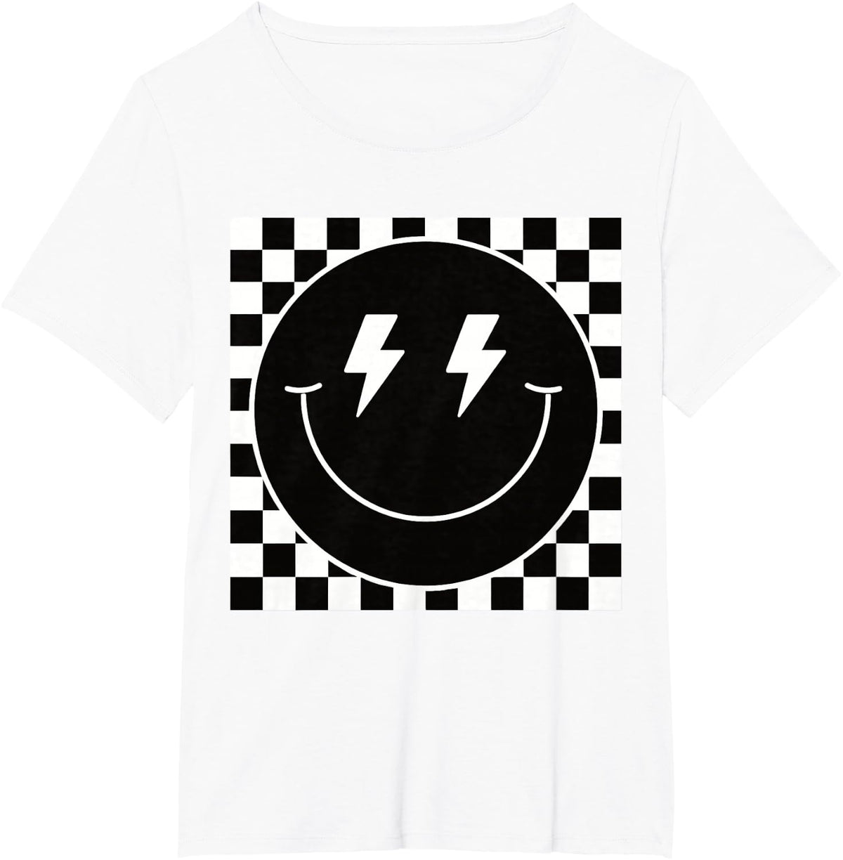 Retro Checkerboard Happy Face Lightning Bolt Eyes Graphic T-Shirt - White