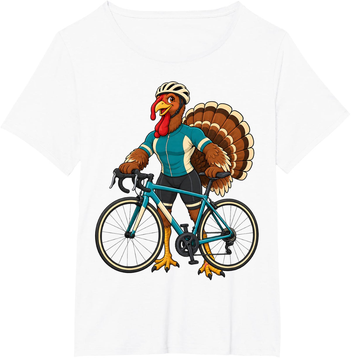 Cycling Turkey Funny Thanksgiving Road Bike Rider Cartoon T-Shirt - White