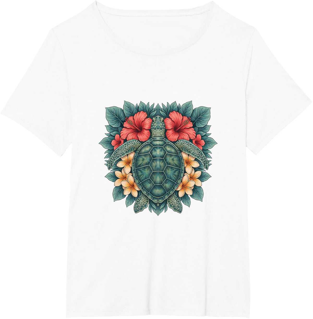 Sea Turtle with Coral Hibiscus and Cream Flowers T-Shirt - White