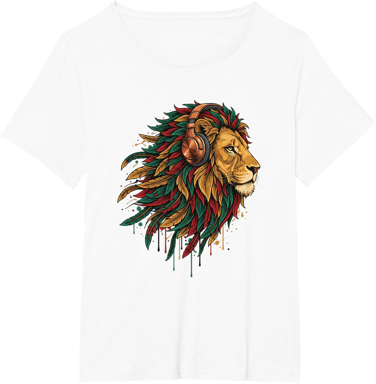 Reggae Lion Head with Headphones Rasta Music Jungle Animals T-Shirt - White