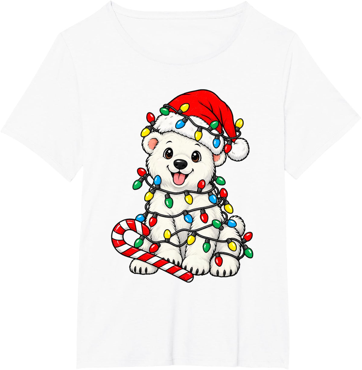 Cute Polar Bear Christmas Lights Santa Xmas Dog Lover T-Shirt - White
