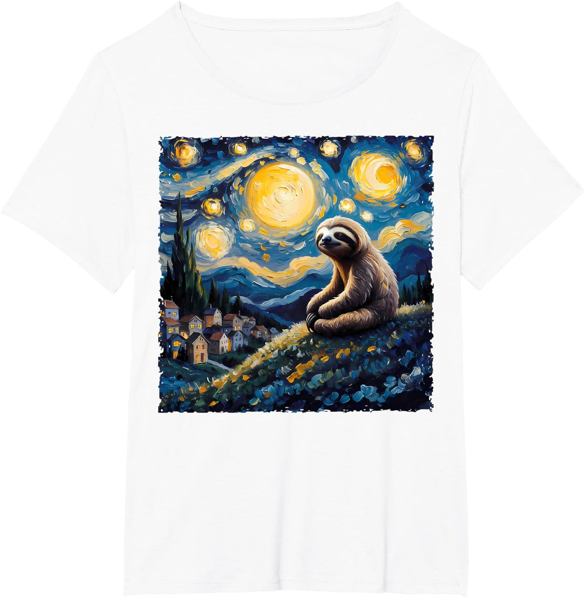 Van Gogh Style Funny Sloth Lover The Starry Night Painting T-Shirt - White