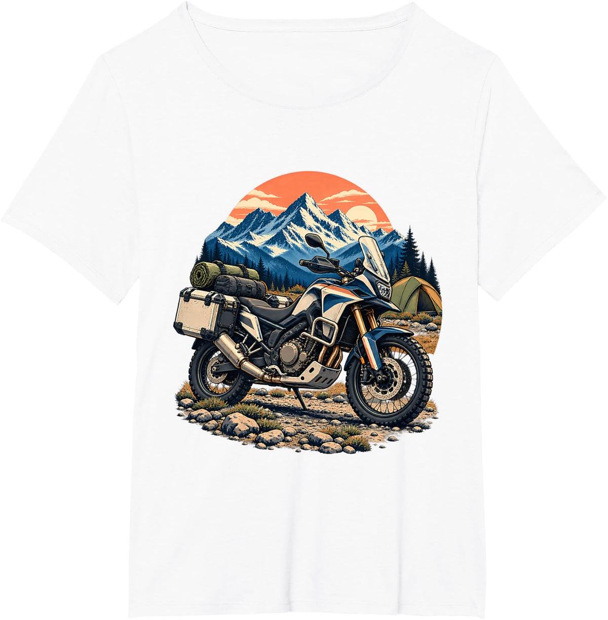 Adventure Motorcycle Camping Snowy Mountains Sunset T-Shirt - White