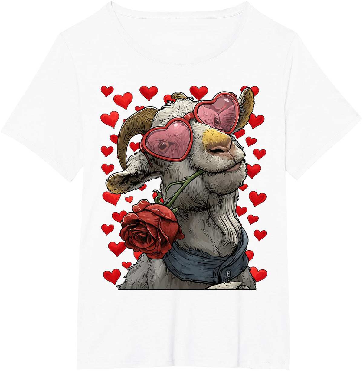 Cute Goat with Heart Glasses Rose Valentine's Day Animal T-Shirt - White