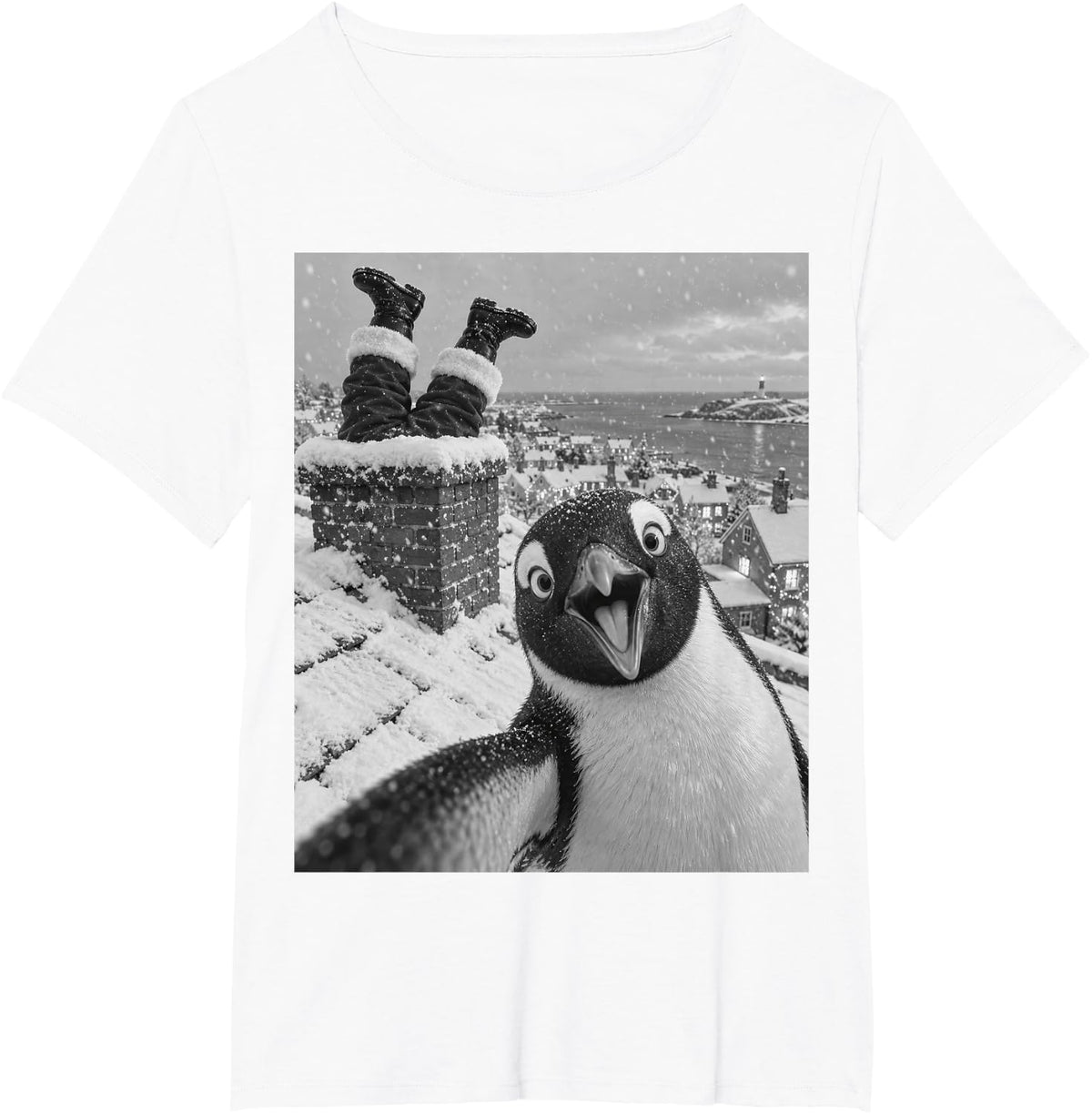 Penguin Selfie Santa Chimney Funny Christmas Winter Holiday T-Shirt - White
