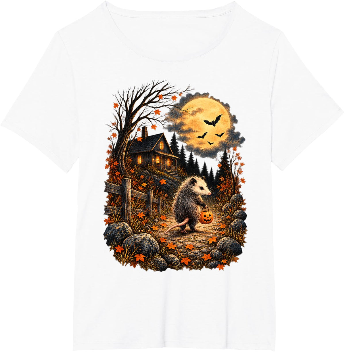 Vintage Possum Halloween Funny Opossum Pumpkin Spooky Moon T-Shirt - White