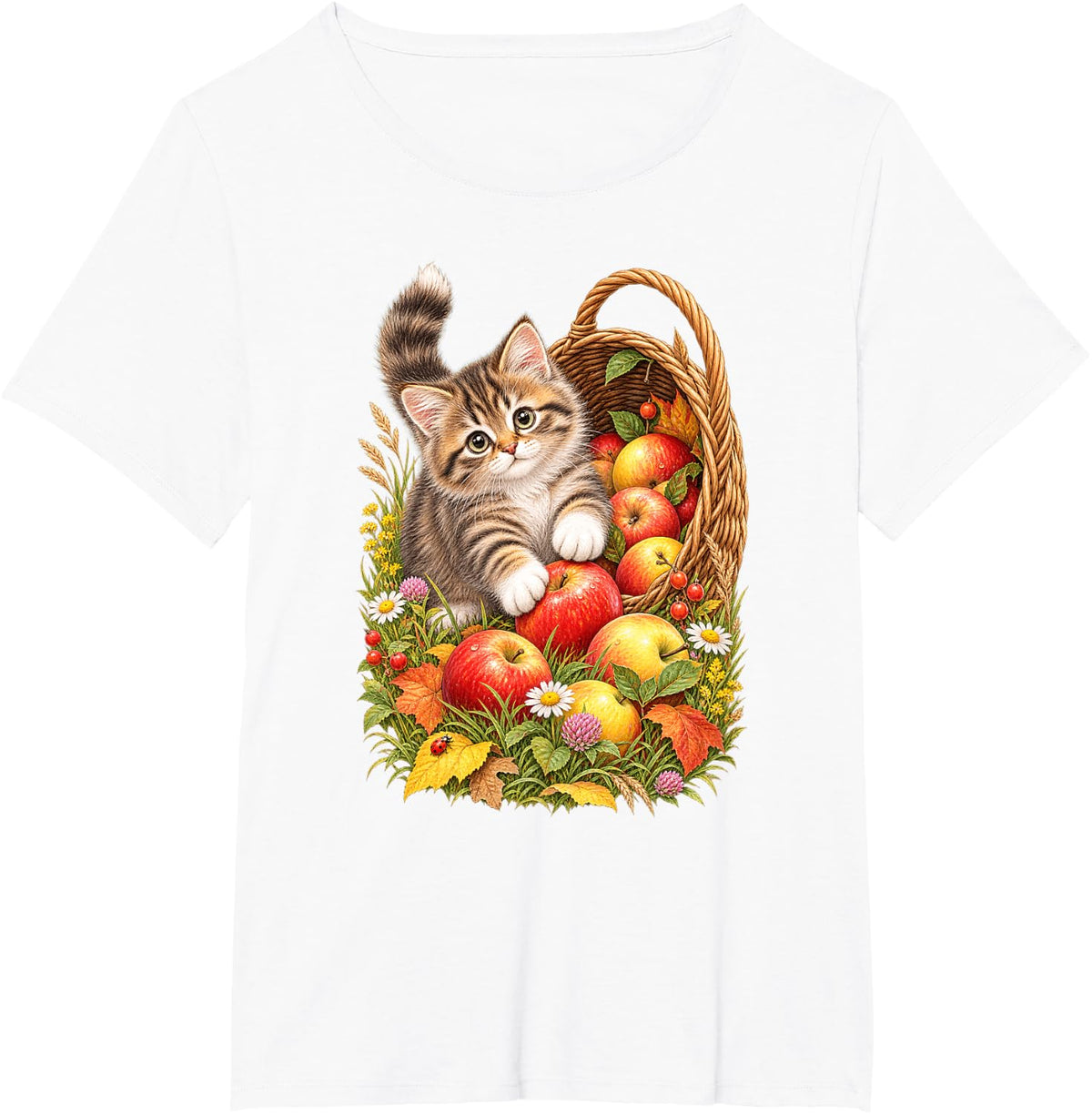 Tabby Kitten Apple Basket Ladybug Autumn Cat T-Shirt - White