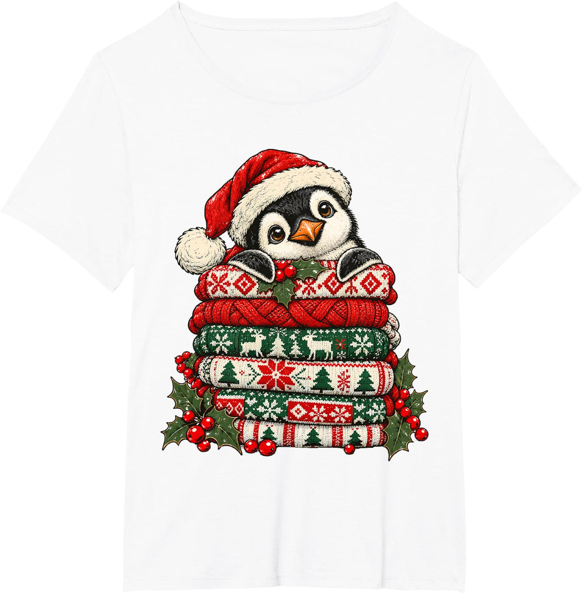 Cozy Christmas Penguin with Festive Sweaters Holly Berries T-Shirt - White