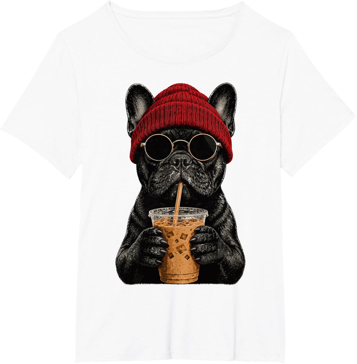 French Bulldog Dog Hipster Iced Coffee Funny Frenchie T-Shirt - White