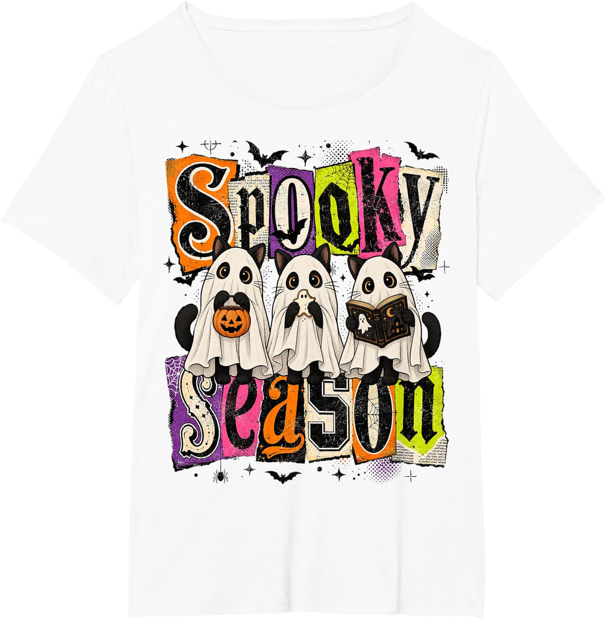 Spooky Season Ghost Black Cats Cute Halloween Tee T-Shirt - White