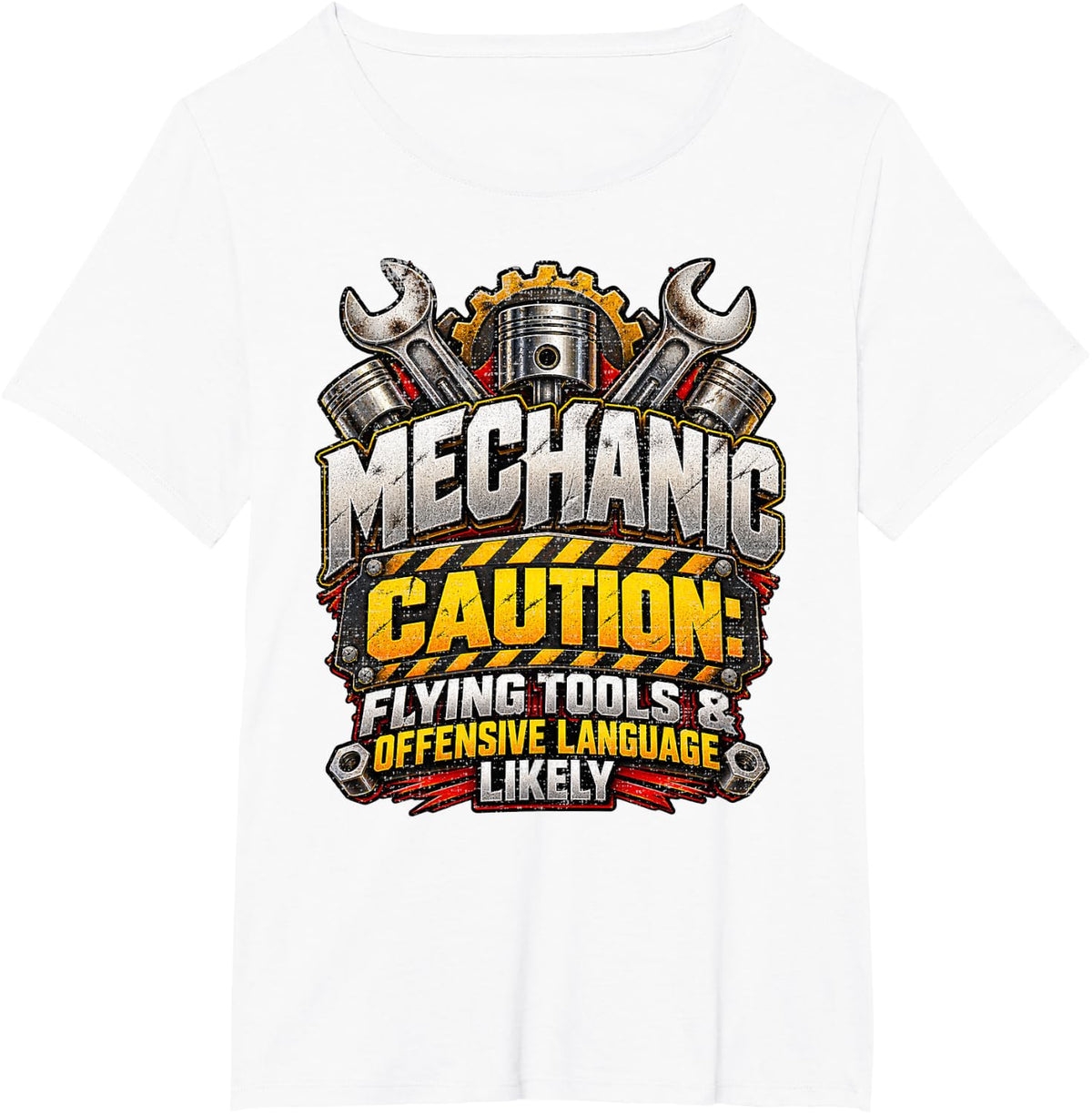Mechanic Caution Flying Tools Hazard Sign Industrial Piston T-Shirt - White