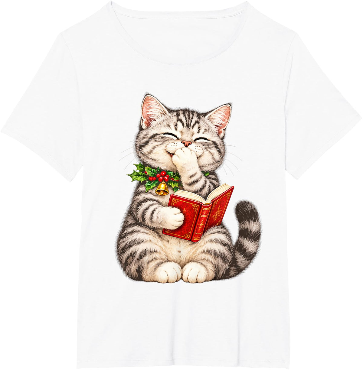 Funny Tabby Kitten Reading Book Vintage Bookish Christmas T-Shirt - White